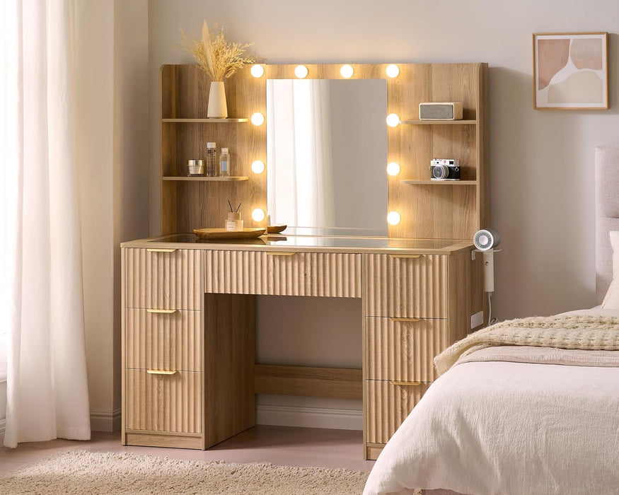 47.2" Fluted Vanity Desk with Mirror and Adjustable LED Lights, Large 7 Drawers Makeup Table with Glass Top and Charging Station for Women and Girls, Bedroom or Dorm, Natural Oak