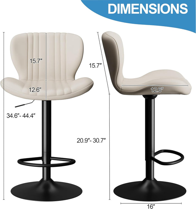 Bar Stools Set of 2 Modern Swivel Bar Chairs, Counter Height Faux Leather Metal Barstools, Upholstered Island Chairs with Back and Footrest, Beige
