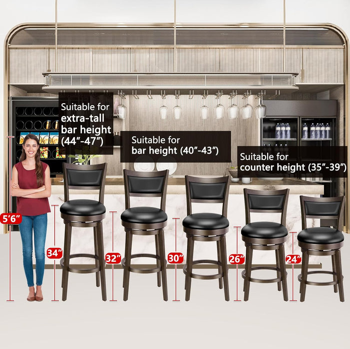 Swivel Bar Stools Set of 2, 34 Inch Extra Tall Bar Height Barstools, Black Faux Leather Bar Stool with High Backrest, Solid Wood Leg, Wrap-Around Footrest, Counter Stools for Pub