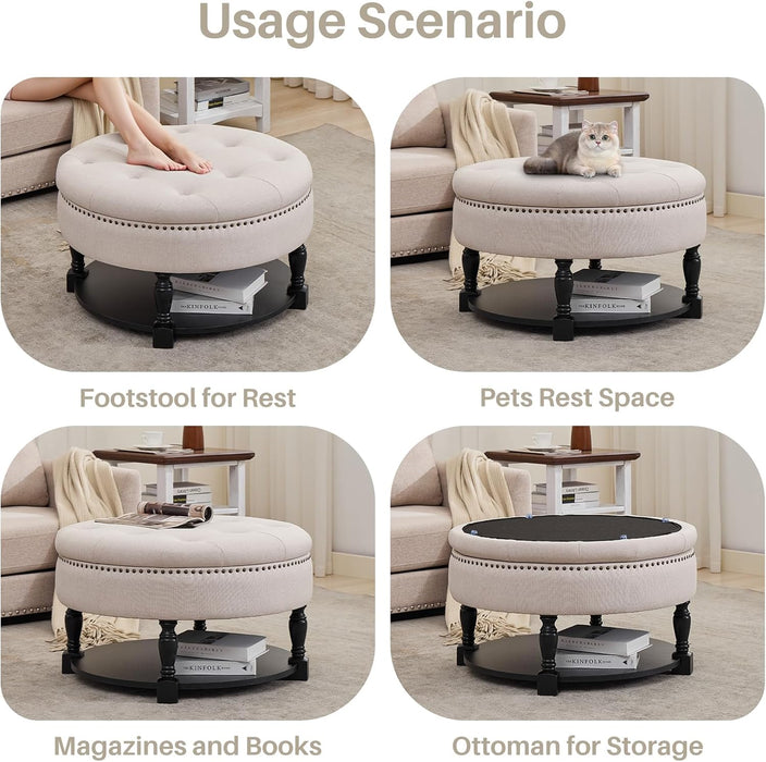 31.5" Large round Storage Ottoman, Upholstered Tufted Linen Ottoman Coffee Table, Large Footrest with Solid Wooden Legs Wood Shelf Storage, Side Table for Living Room Bedroom Office, Beige