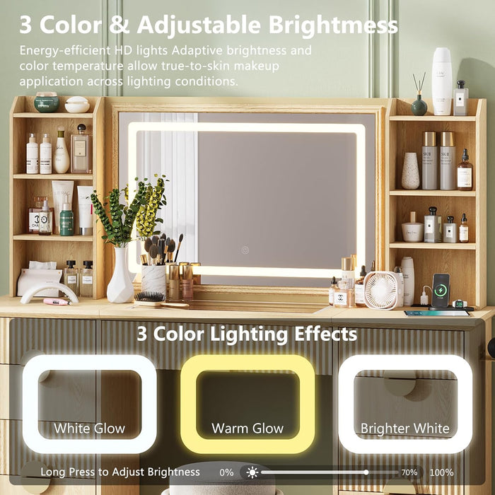 Fluted Vanity Desk, 60" Makeup Vanity with 32" Mirror and Lights, Modern Glass Top Vanity Table with 9 Drawers & 8 Open Shelves, Dressing Table Set W/Charging Station for Bedroom,Oak