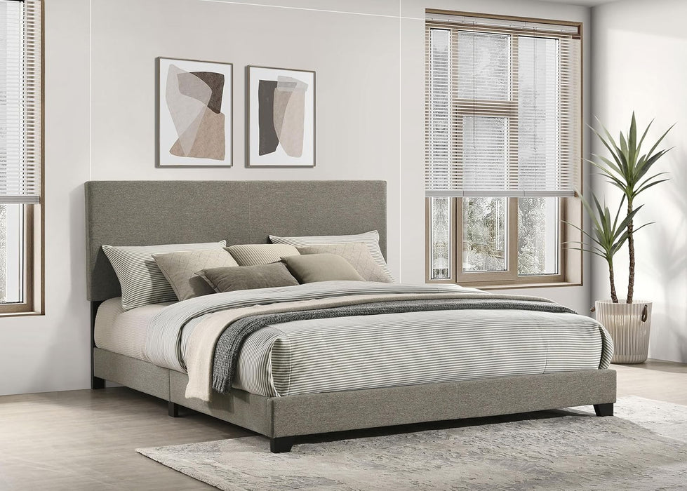 Home Furnishings - Dorian - Fabric Upholstered Wood Panel Bed with Padded Headboard, Wood Legs and Transitional Style - Bedroom - California King Size - Taupe - 300851KW