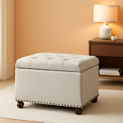 Storage Ottoman, 24" Linen Fabric Rectangle Bench Foot Rest Stool, Fabric Footrest Ottomans with Storage, Storages Seats for Living Room, Bedroom, Office