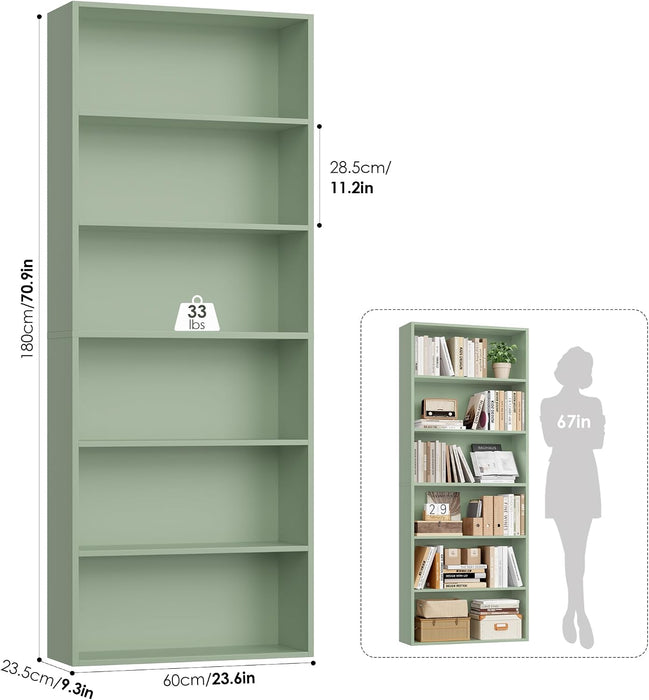 6 Tier Tall Bookshelf and Bookcase with Open Display Shelves, Green