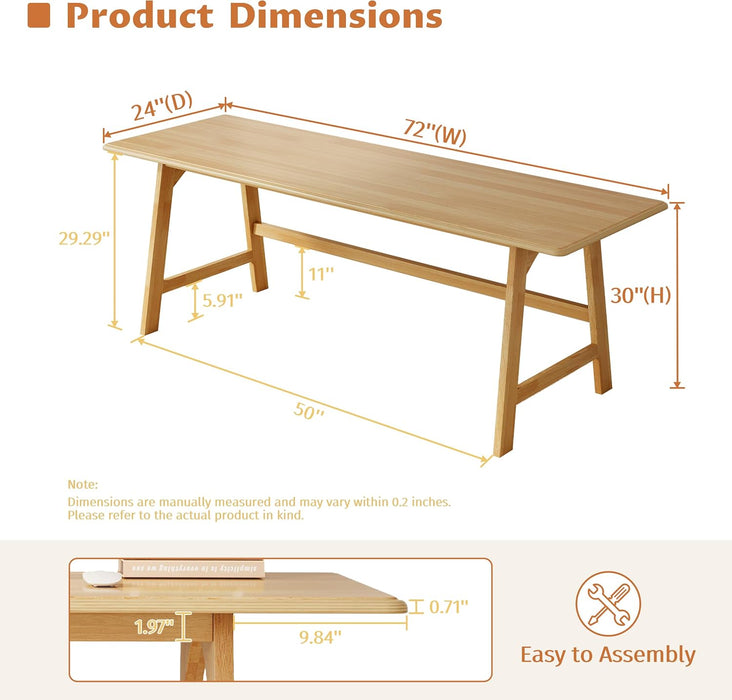 Solid Wood Writing Table - 72" W Minimalist Long Computer Desk, Oak