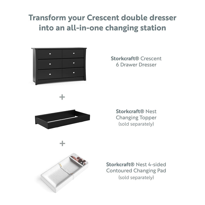 Crescent 6 Drawer Double Dresser (Black) – GREENGUARD Gold Certified, Dresser for Nursery, 6 Drawer Dresser, Kids Dresser, Nursery Dresser Drawer Organizer, Chest of Drawers