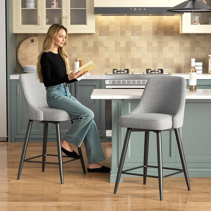 Swivel Bar Stools with Backs, 26" Counter Height Barstools Set of 2, Upholstered Linen Fabric High Chairs for Island Kitchen