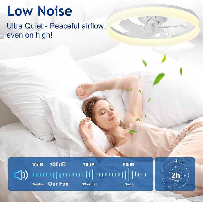 DLLT Modern Ceiling Fans with Lights: 20" Flush Mount Low Profile Ceiling Fan with APP Remote Control - White LED Bladeless Fandelier Dimmable Quiet DC Motor for Bedroom Living Room