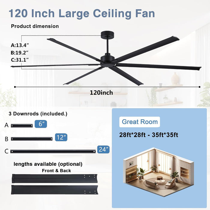 Black 120 Inch Reinforced Multipurpose Ceiling Fan