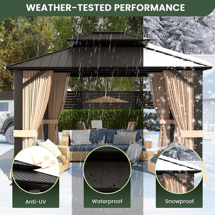 10’X12’ Hardtop Gazebo, Galvanized Steel Double Roof Canopy with Heavy-Duty Steel Frame, Outdoor Pavilion with Nettings and Curtains