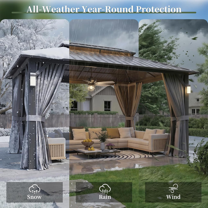 14'X10' Hardtop Gazebo with 4 LED Lights, Outdoor Gazebo with Galvanized Steel Double Roof, Patio Gazebo with Breathable Netting & Privacy Curtain, Decor Hooks for Backyard, Gray