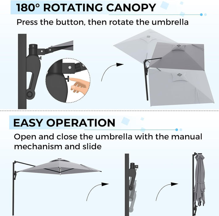 10Ft Solar LED Wall Mounted Outdoor Patio Umbrella, Rectangular Large Offset Cantilever Umbrellas with 180° Rotation Sun Awning for Deck Pool Garden Backyard, save Space, Grey