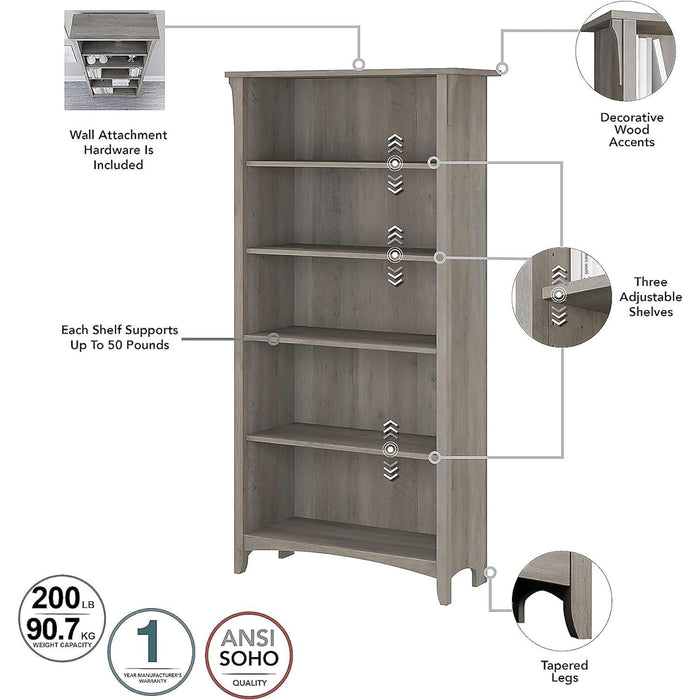 Salinas 5-Shelf 63-Inch H Bookcase, Driftwood Gray