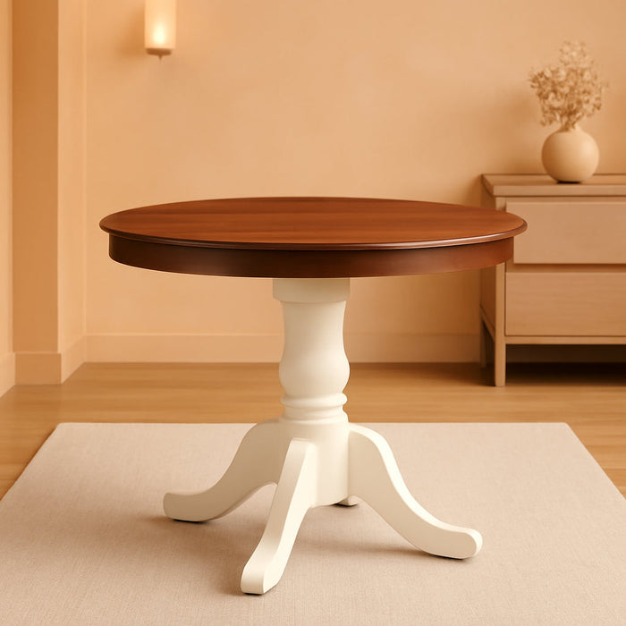 AMT-WLW-TP Antique Kitchen Dining Table - a round Wooden Table Top with Pedestal Base, 36X36 Inch, Walnut & Linen White