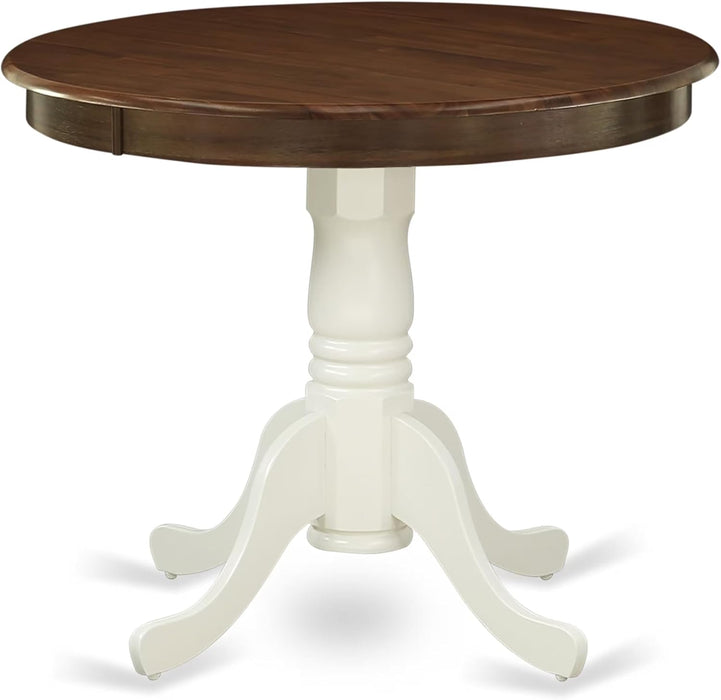 AMT-WLW-TP Antique Kitchen Dining Table - a round Wooden Table Top with Pedestal Base, 36X36 Inch, Walnut & Linen White