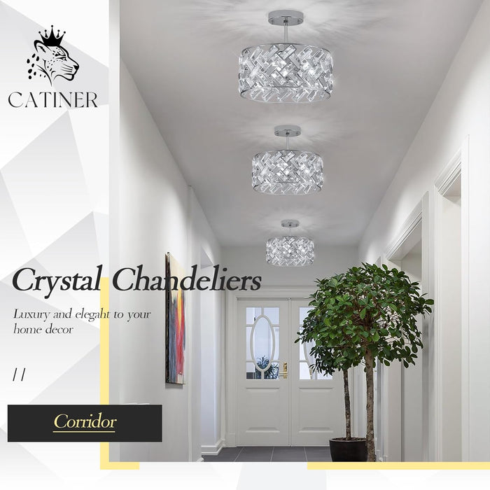 Chrome Crystal Chandeliers, 4-Light Modern Semi Flush Mount Ceiling Light, D12'' Small round Crystal Hanging Pendant Light Fixtures for Dining Room Kitchen Island Entryway Hallway