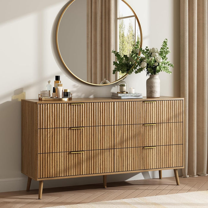 Fluted 6 Drawer Dresser for Bedroom, 55" Wide Wooden Chest of Drawers with Rounded Corners, Gold Handles, Modern Storage Organizer for Bedroom, Hallway(Walnut)