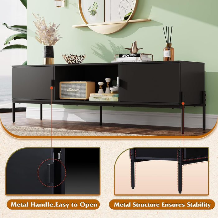 TV Stand for 65 Inch TV, Mid Century Modern Entainment Center with 2 Storage Cabinets & Open Shelf, TV Console Table Media with Metal Legs for Living Room, Bedroom, Black