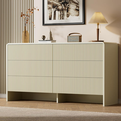 55" Wide Modern Dresser for Bedroom, 6 Drawer Chest of Drawers with Curved Design, Push-To-Open Storage Dresser, Beige
