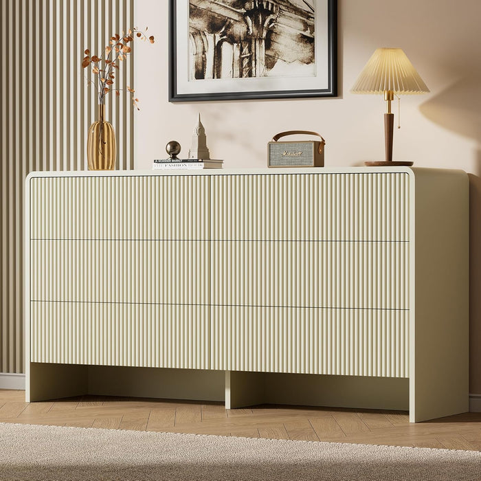 55" Wide Modern Dresser for Bedroom, 6 Drawer Chest of Drawers with Curved Design, Push-To-Open Storage Dresser, Beige