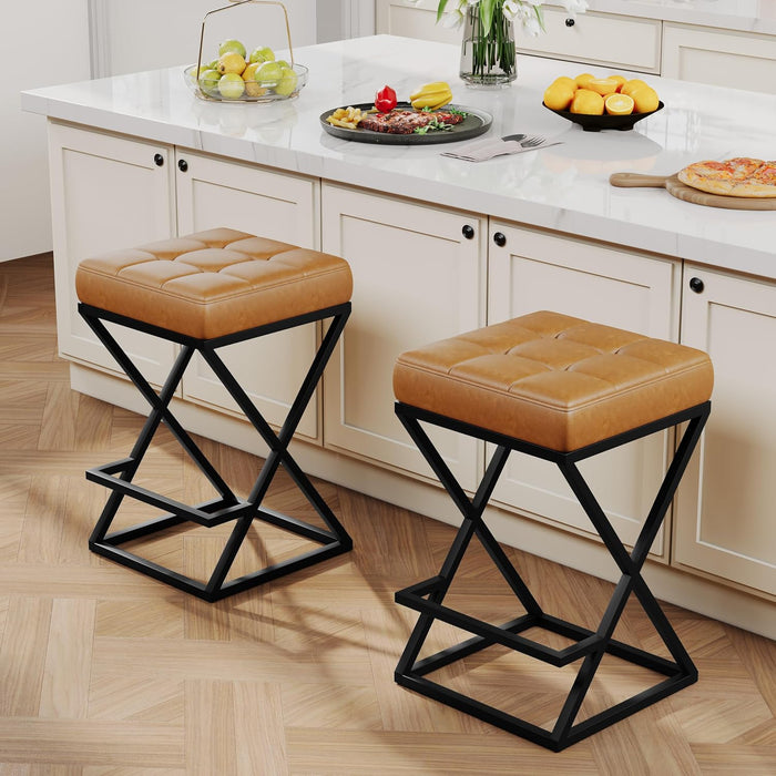 Backless Bar Stools Set of 2, 26 Inch Counter Barstools, PU Brown | Industrial Metal Bar Stools, Backless Faux Leather Seat, X-Frame Footrest,Space-Saving, 26" Counter Height, for Kitchen,Cafe