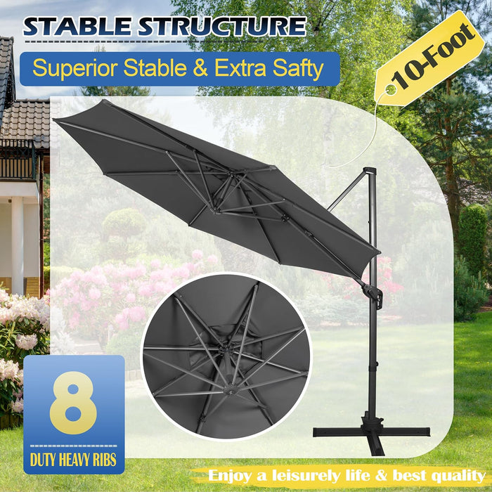 10Ft Cantilever Patio Umbrella, 360° Rotation & Integrated Tilting System Offset Umbrella with 8 Sturdy Ribs, Fade-Resistant & Waterproof for Garden Backyard Poolside Deck