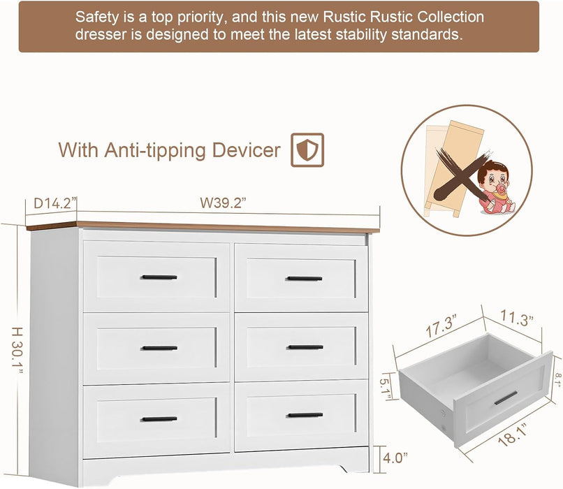 Farmhouse Dresser for Bedroom 6 Drawers Dresser with Power Outlets Rustic Chest of Drawers with Natural Texture White Organizer for Living Room Hallway