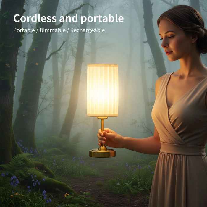 Portables Cordless Table Lamp Set of 2,LED Fabric Shade Desklamp,Rechargeable Battery Operated，Lighting for Bedroom, Bedside,Bar,Living Room, Dining Room, Night Light (Brass)