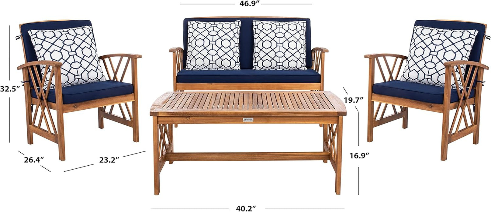 Outdoor Collection Fontana Natural/ Navy Blue Cushions/ Geometric Pattern Pillows 4-Piece Conversation Patio Set