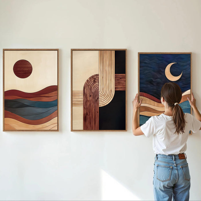 Boho Mid Century Modern Framed Canvas Wall Art, Bohemian Geometric Wall Decor, Abstract Sun and Moon Artwork,Beige and Black Wooden Art Paintings for Living Room Bedroom Office 16"X24"X3