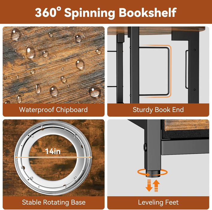 5 Tier Rotating Bookshelf Tower with Storage, Rustic Brown | 360° Spinning Bookcase with Fabric Drawer, round Revolving Book Shelf Organizer, Narrow Swivel Bookshelves for Small Space