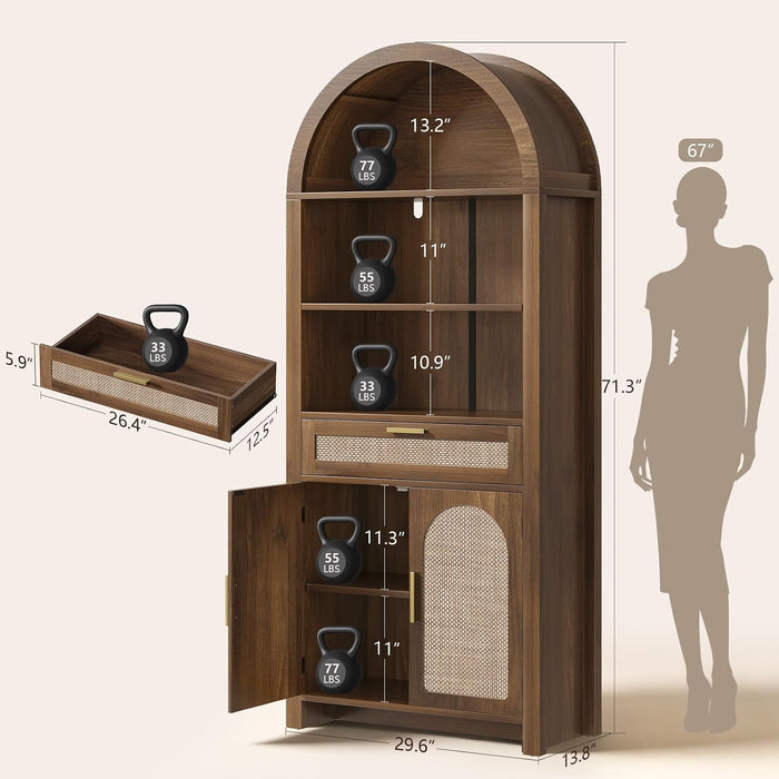 71.3" Tall Arched Bookshelf with Doors - 5 Tier Rattan Arched Bookcase