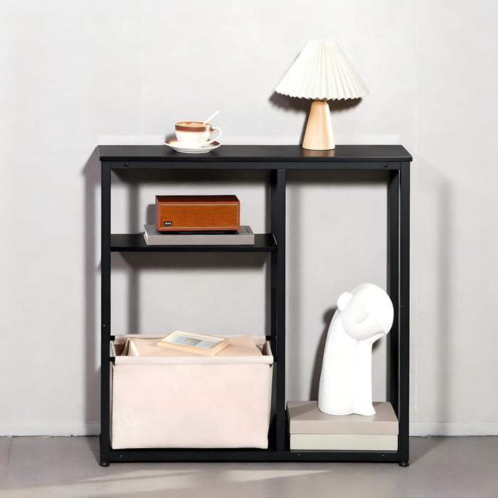 Narrow Console Table with Storage Basket, 29.5" Small Entryway Table with 3-Tier Storage Shelves, behind Couch Sofa Table, Hallway Table for Living Room, Black and Beige BB60XG01