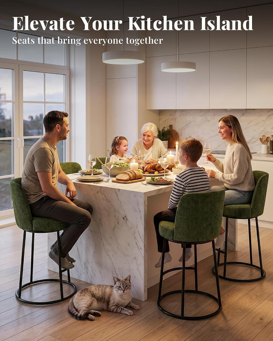 360° Swivel Bar Stools Set of 2, 26" H Modern Linen Counter Height Barstools, Upholstered Counter Stools with Ergonomic Wide Back & Metal Base for Kitchen Island, Dining Room, Green