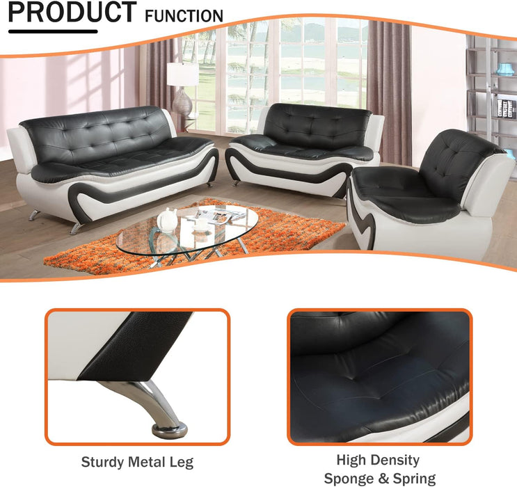 Living Room Furniture Set, Faux Leather Sofa Couch Set, 3 Pieces Modern Sofa Set for Living Room/Apartment/Office (Black&White)