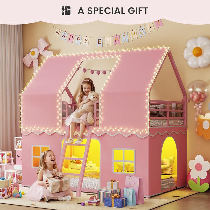 Pink Twin Over Twin Bunk Bed With LED Lights And Play Curtain
