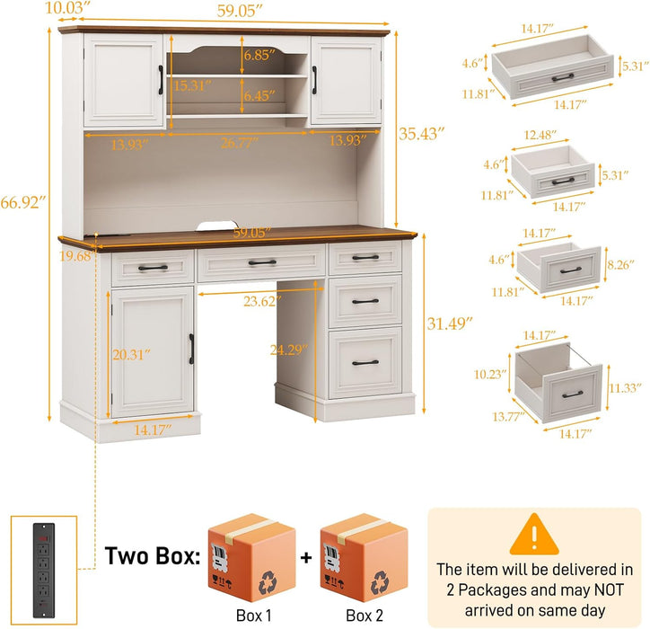 67" H Farmhouse Executive Desk with Hutch.Wood Workstation with 5 Drawers,Storage Cabinet,File Drawers and Charging Station, Ideal as Office Desk,Computer Desk for Home Office, Study(White