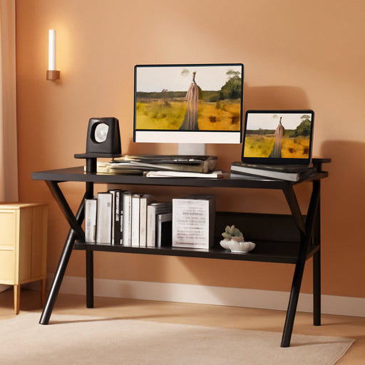 Small Computer Desk, 27.5 Inch, Compact Tiny Study Desk with Storage and Monitor Stand for Home Office, Small Spaces, Black