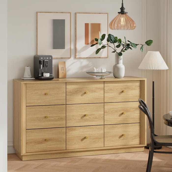 9 Drawer Dresser, Mid Century Modern Dresser with Storage, 55" Wide Chest of Drawers with Wood Grain Texture, Dressers TV Stand for Bedroom, Living Room, Hallway, Gold Oak
