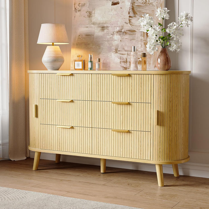6 Drawers Dresser with 4 Storage Compartments, 55'' Modern Chest of Drawers with Sliding Door & Metal Handles, Curved Profile & Sturdy Legs, Wooden TV Stand for Bedroom, Living Room (Natural Oak)