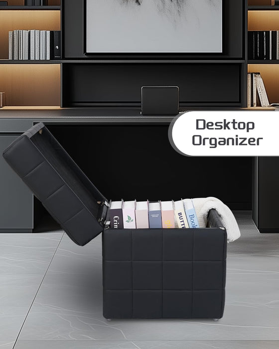 17" Square Storage Ottoman Bench,Wooden Frame Loads,Flip-Top Design,12.2 Gallons,Entryway Bedroom Living Room Foot Stool,Synthetic Leather with Stitching,Light Luxury Modern Style,Ferrous