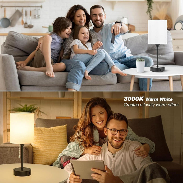 Small Bedside Table Lamp for Bedroom - 3 Color Temperatures Bedside Lamps with USB C and a Ports, Pull Chain Table Lamps with AC Outlet, White Nightstand Lamps with Black Metal Base for Kids Reading