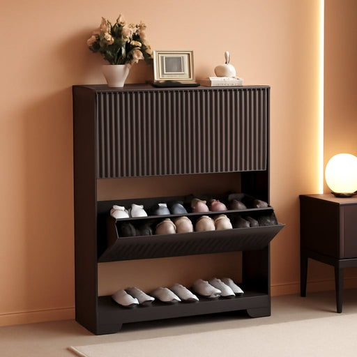 Black Fluted Shoe Cabinet With OpenStorageCompartment