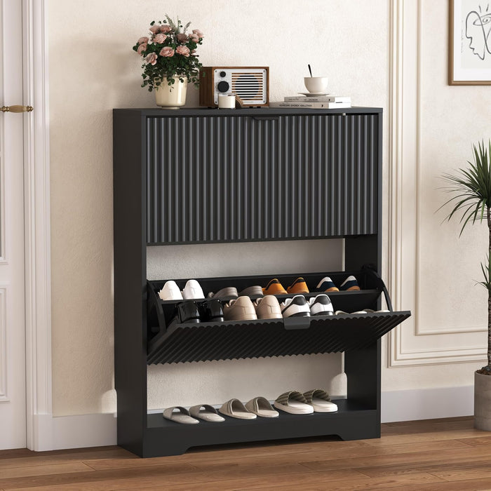 Black Fluted Shoe Cabinet With OpenStorageCompartment