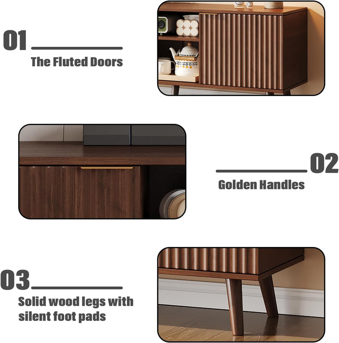 55 Inch Fluted TV Stand with Storage, Mid Century Modern Entertainment Center with Adjustable Shelf, TV Table Stand up to 65 Inches Tvs for Living Room, Bedroom, Walnut