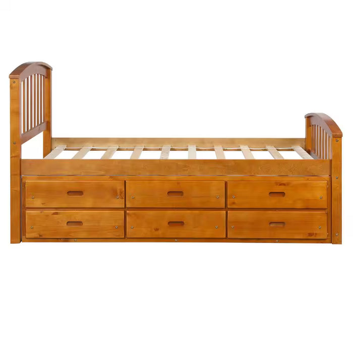 Oak Twin Size Solid Wood Platform Bed with 6-Drawers