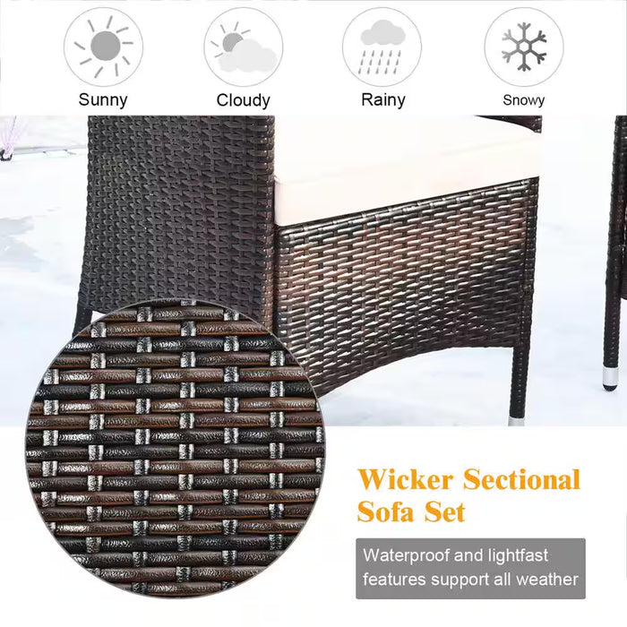 4-Piece Wicker Patio Conversation Furniture Set Sofa Chair with Brown and Grey Cushions Garden