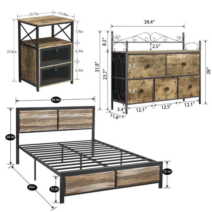 4-Piece Full Size Bedroom Set with Bed Frame & 5-Drawer Dresser & Two Nightstands, Gray