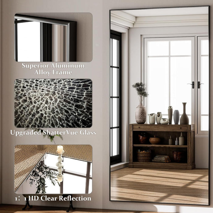 71"X31" Full Length Mirror Extra Large Hanging or Leaning Rectangle Mirror Aluminum Alloy Thin Frame Bedroom Floor Dressing,Black