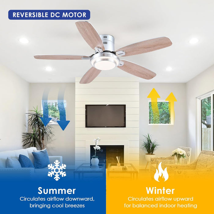 50 Inch Low Profile Ceiling Fans with Lights and Remote, Modern Brushed Nickel Flush Mount Ceiling Fan, 3CCT, Dimmable, Quiet DC Reversible Motor, for Bedroom Living Room Indoor/Outdoor Use